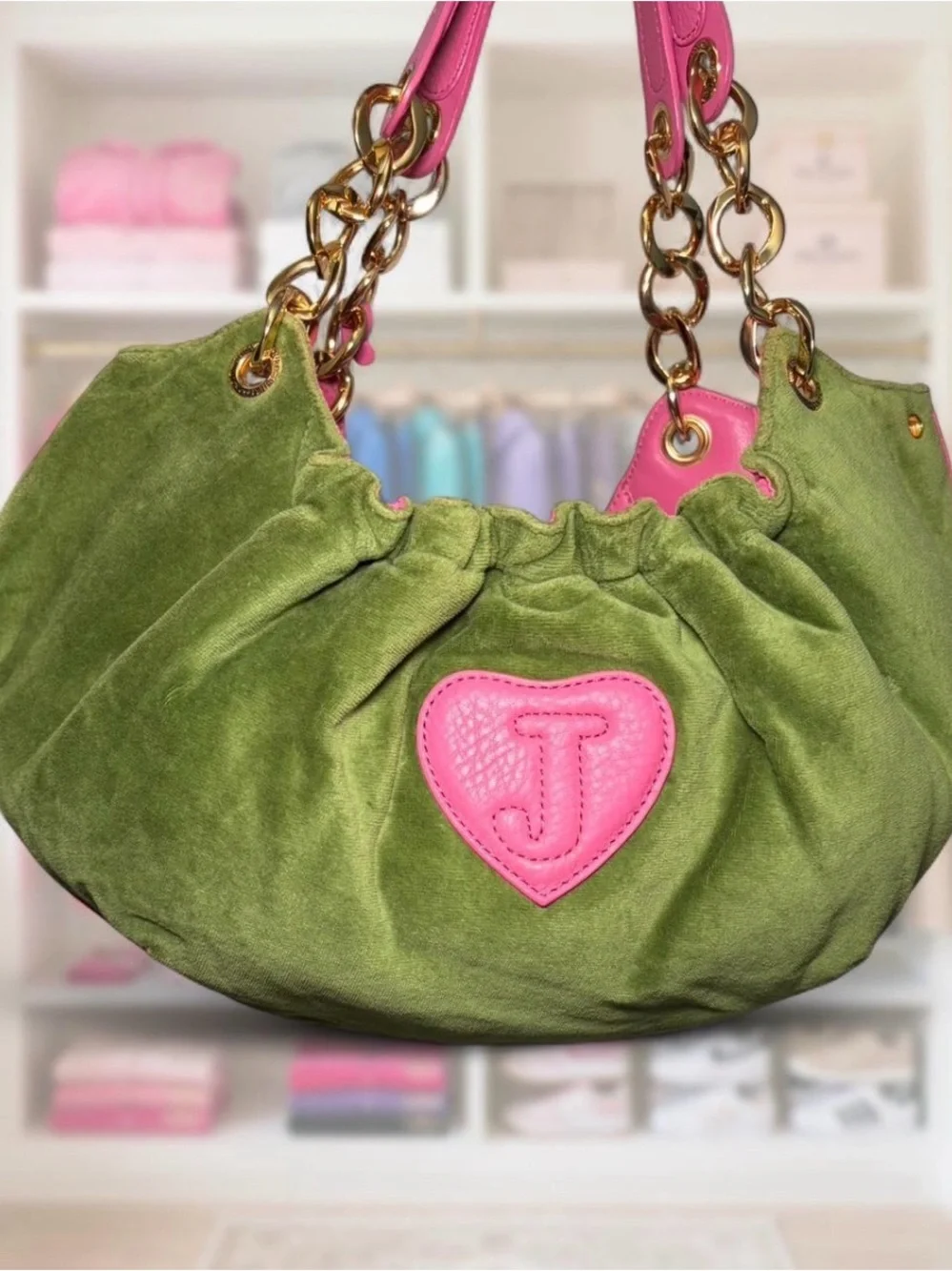 Juicy Couture Olive Green Suede Shoulder Bag with Pink Trim